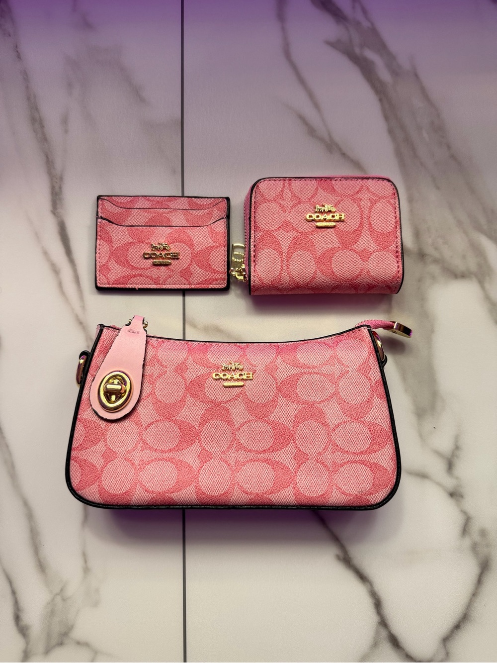 Coach Pink Signature Mini Shoulder Bag with Matching Wallets